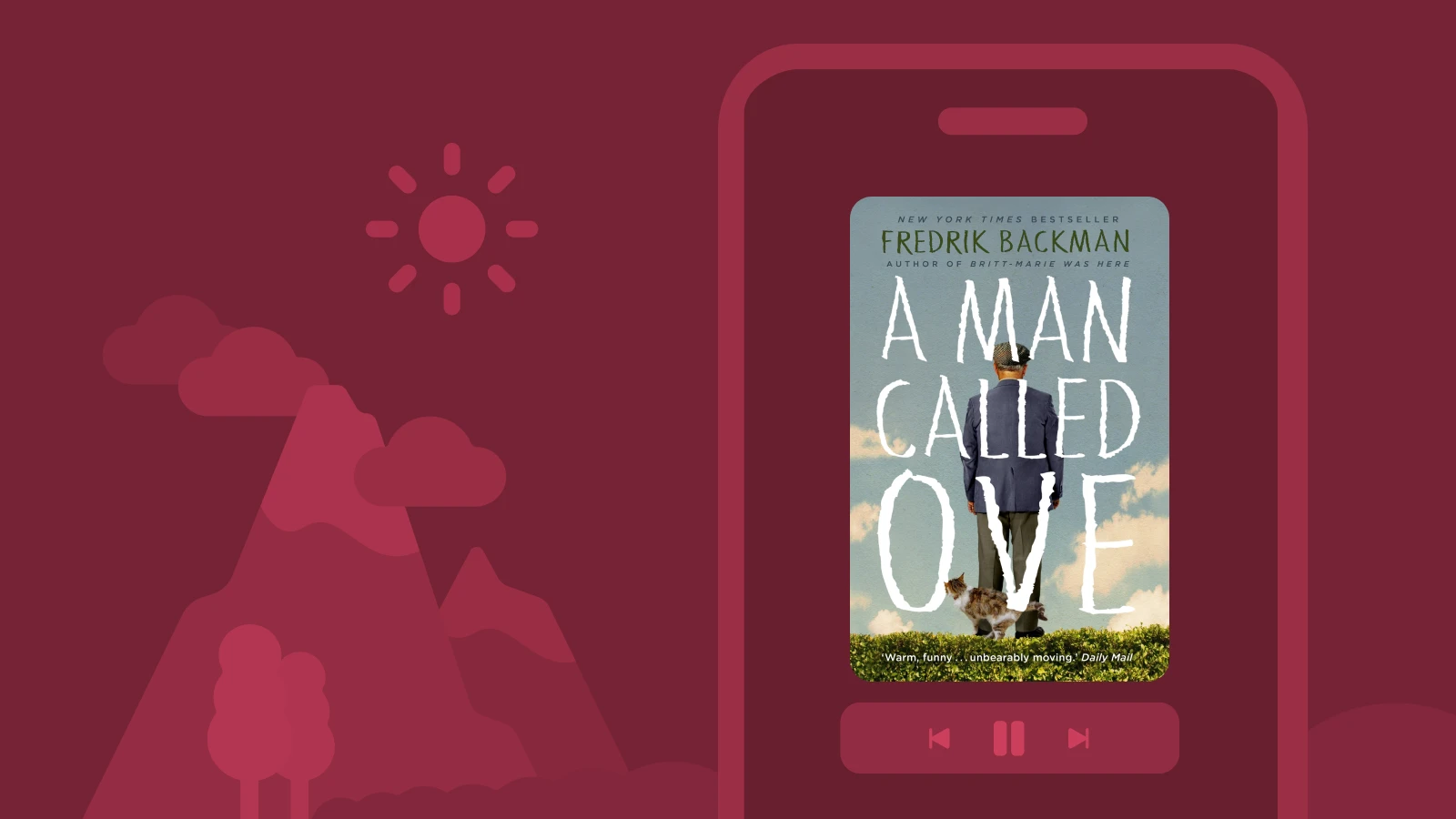 A Man Called Ove by Fredrik Backman audiobook cover on burgundy background with family silhouette and sun