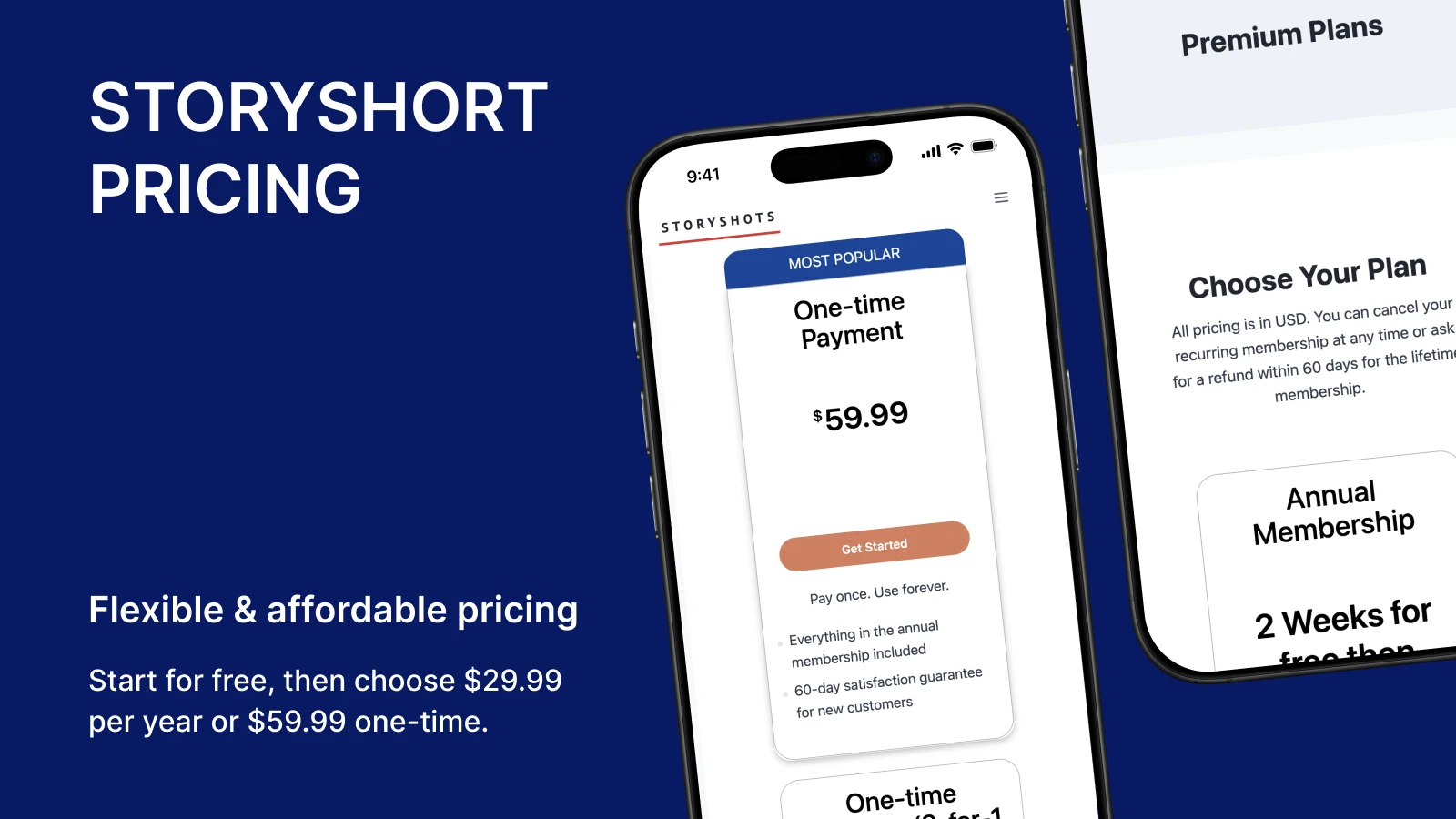 StoryShots pricing plans screenshot showing a smartphone with one-time payment and annual membership options on a dark blue background