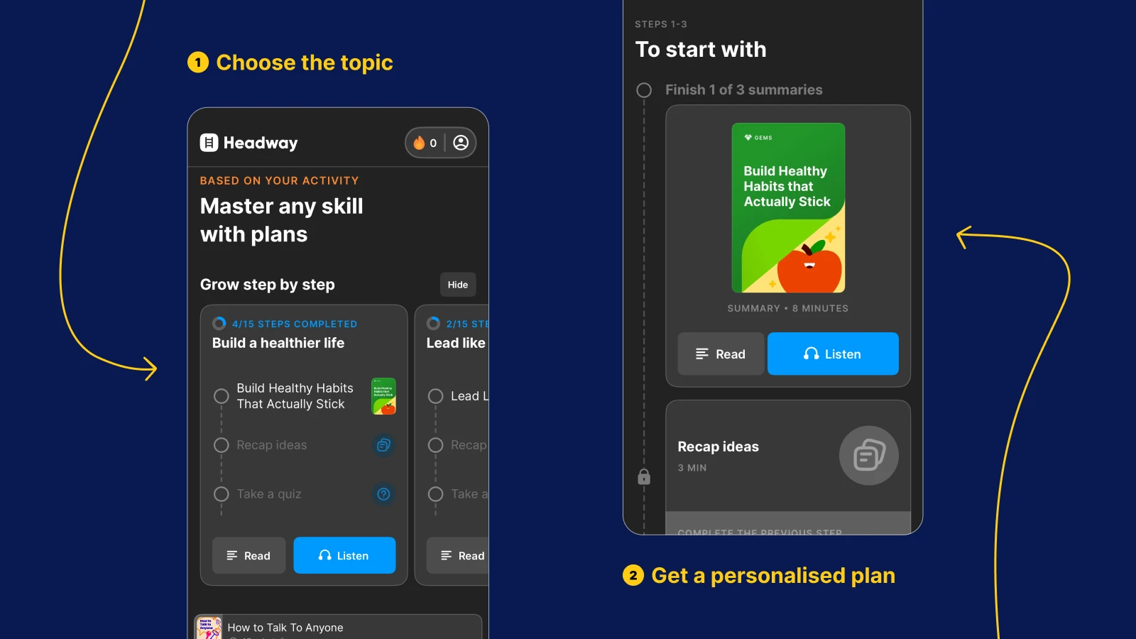 Headway app interface showing topic selection bubble and No Excuses book cover on navy background