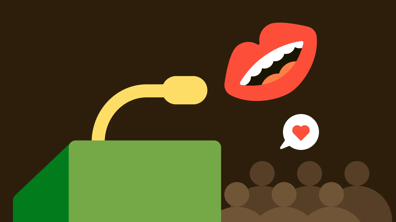 well spoken - Cartoon podium with a microphone and floating mouth speaking to an audience