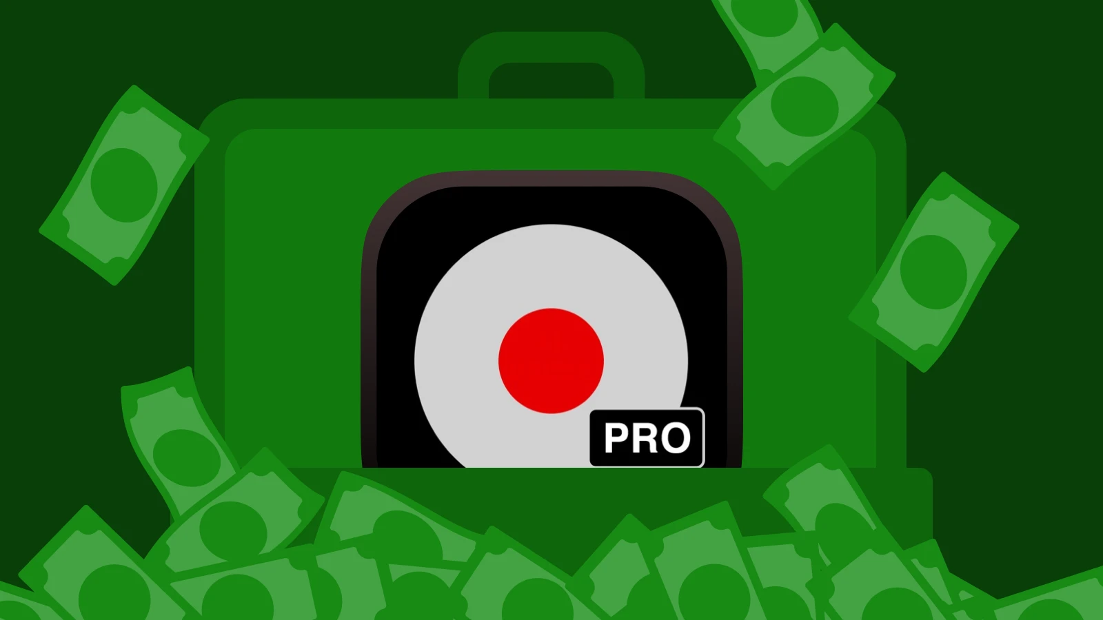 A suitcase with the TapeACall Pro app logo surrounded by money, symbolizing secure business management