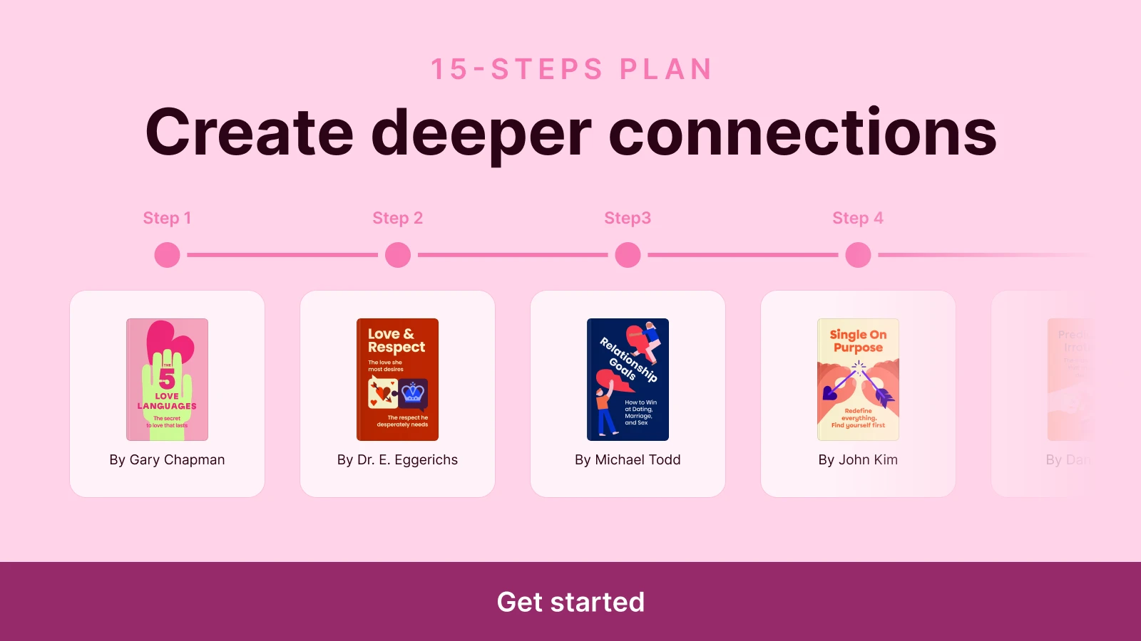 Headway app 15-step plan to create deeper connections featuring The 5 Love Languages, Love & Respect, The Relationship Principles of Jesus, and Single On Purpose on pink background