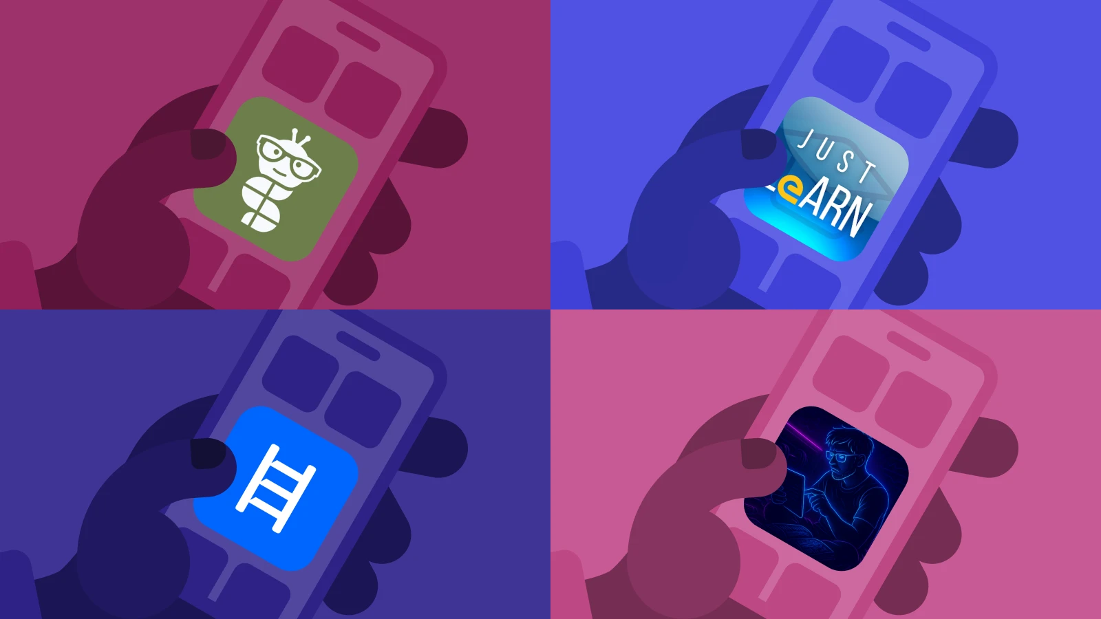 Hands holding smartphones with learning apps against colorful backgrounds showing gamified microlearning alternatives to social media