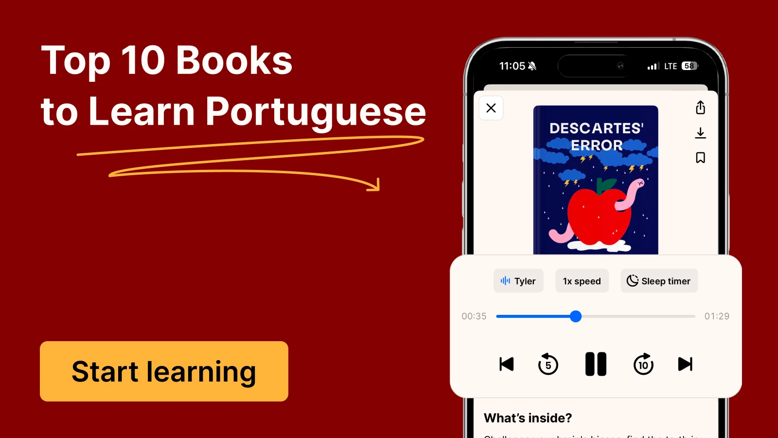 Smartphone showing Descartes' Error audiobook interface on burgundy background for top 10 books to learn Portuguese for beginners
