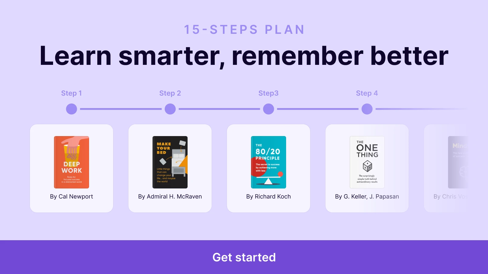 Headway app 15-step learning plan to learn smarter and remember better featuring Deep Work, Make Your Bed, The 80_20 Principle, and The One Thing on purple background