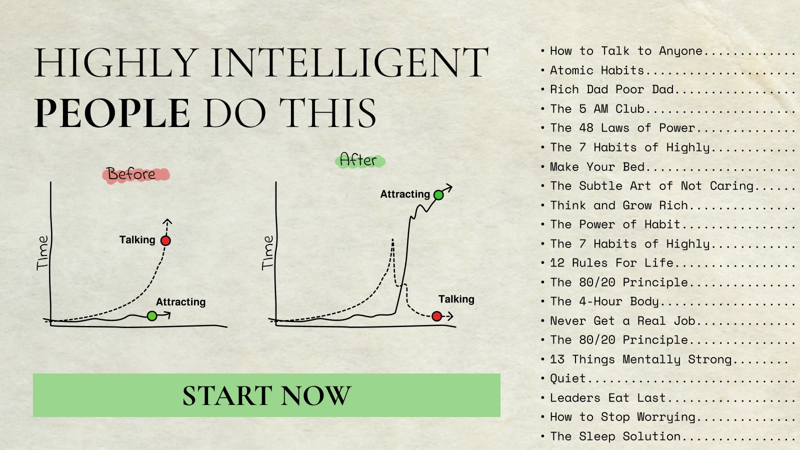 Infographic comparing 'average people' versus 'smart people' with a focus on habits like reading, productivity, and attraction, tied to the concept of learning through summaries 1x
