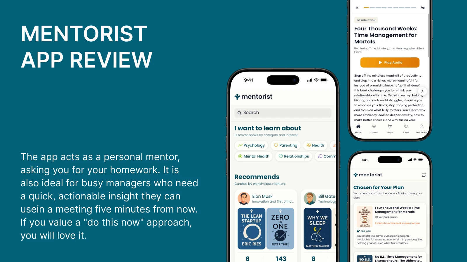 Mentorist self-improvement app review showing smartphone screens with personalized book recommendations and mentor-style guidance on a teal background