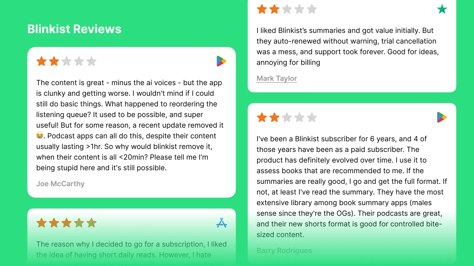 Blinkist customer reviews displayed on green praising book summary apps features