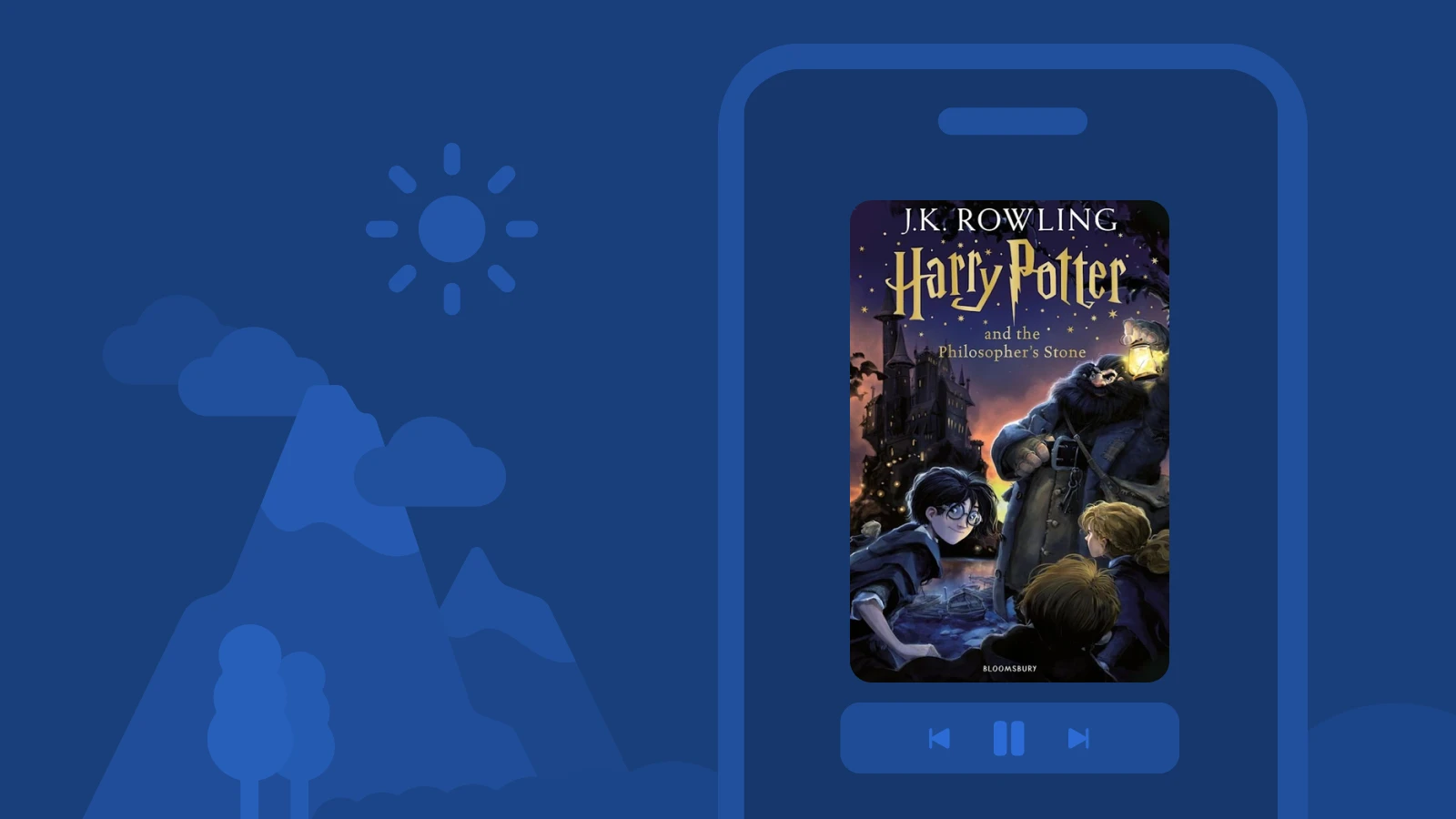 Harry Potter and the Philosopher's Stone audiobook cover on blue background with family silhouette and sun icon