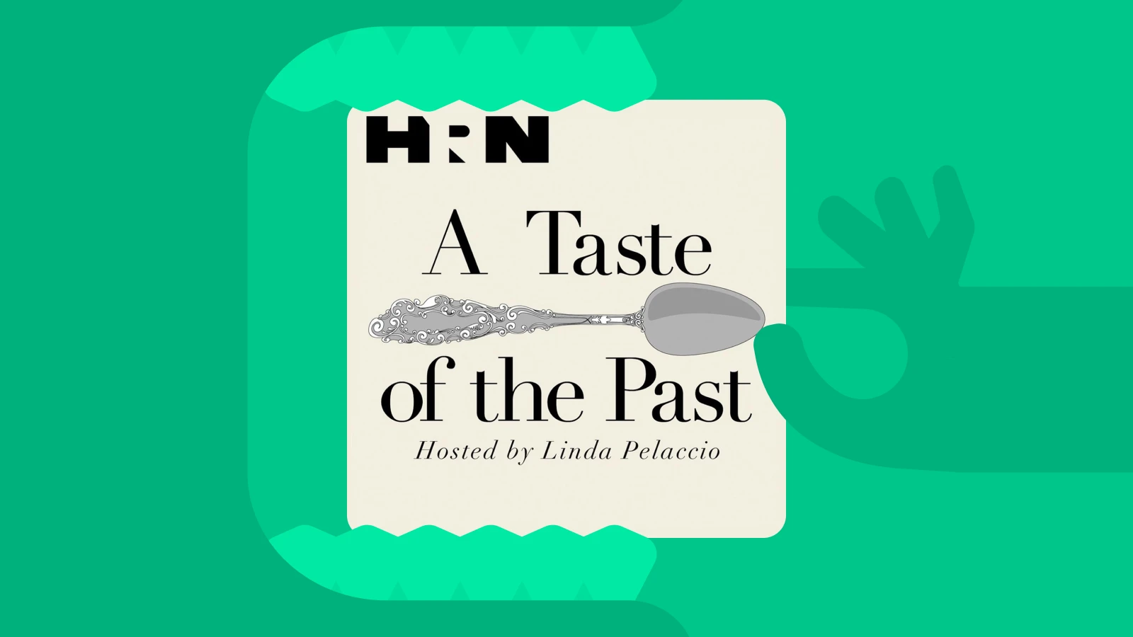 A Taste of the Past podcast cover with fish illustration inside an open mouth graphic on a green background, featuring history and good food stories