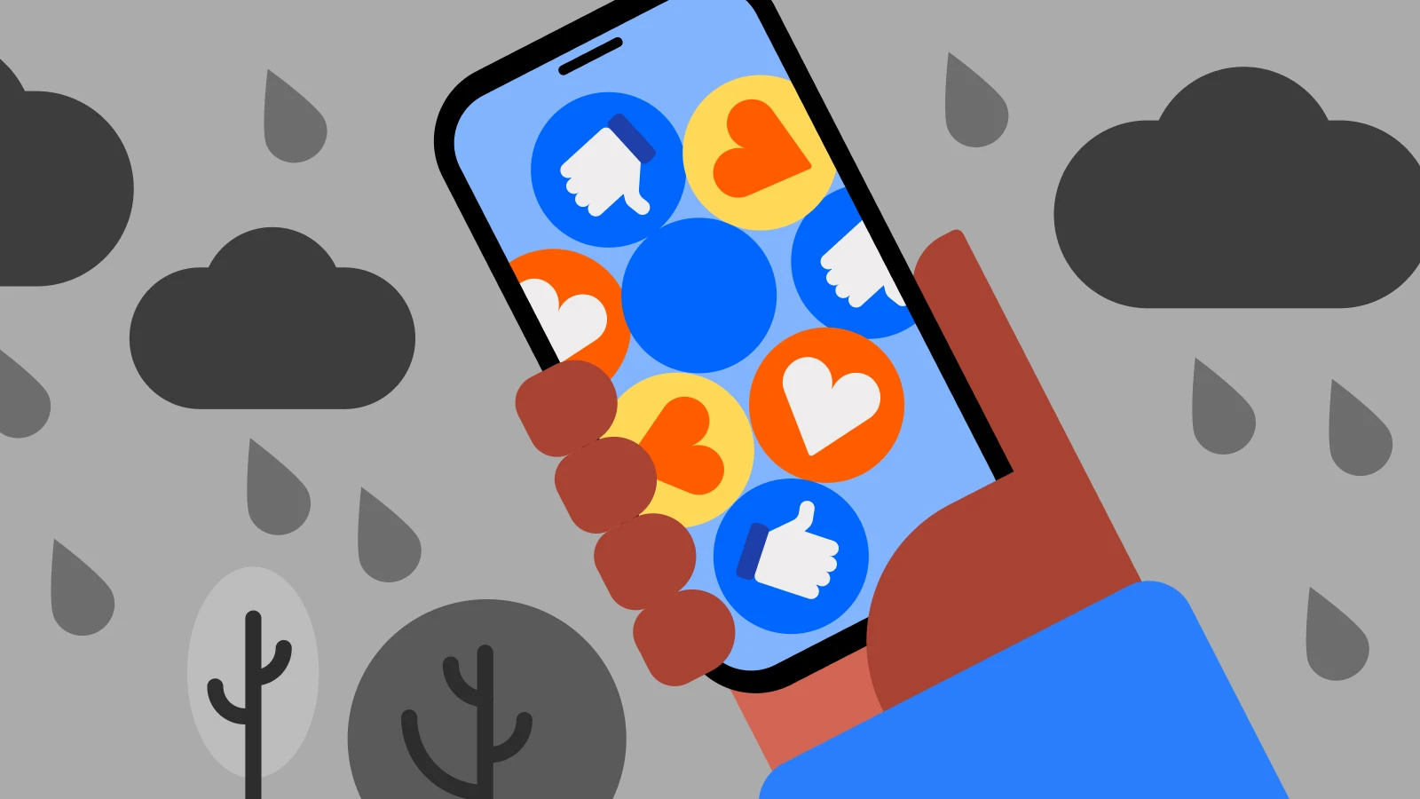 A hand is holding an iPhone against rainy and cloudy background