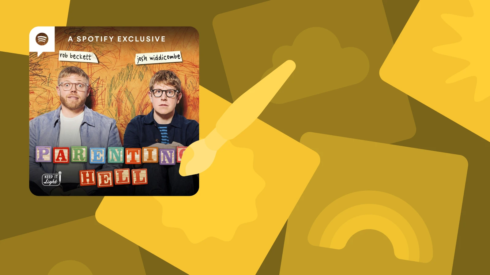 Yellow background with Parenting hell podcast cover, offering parenting tips for expecting parents