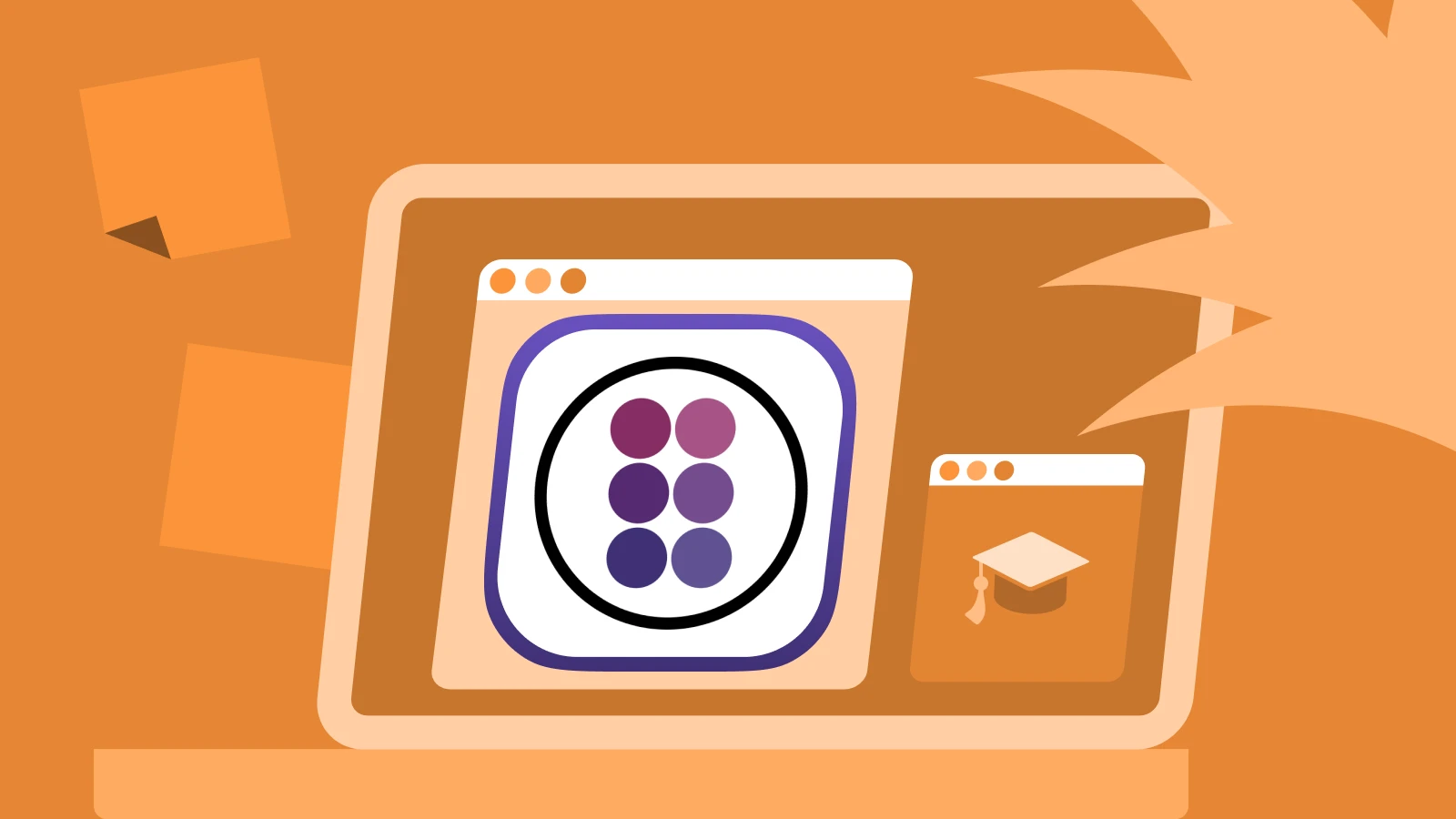Brilliant app logo on orange background with graduation cap, laptop and plant, emphasizing interactive learning apps