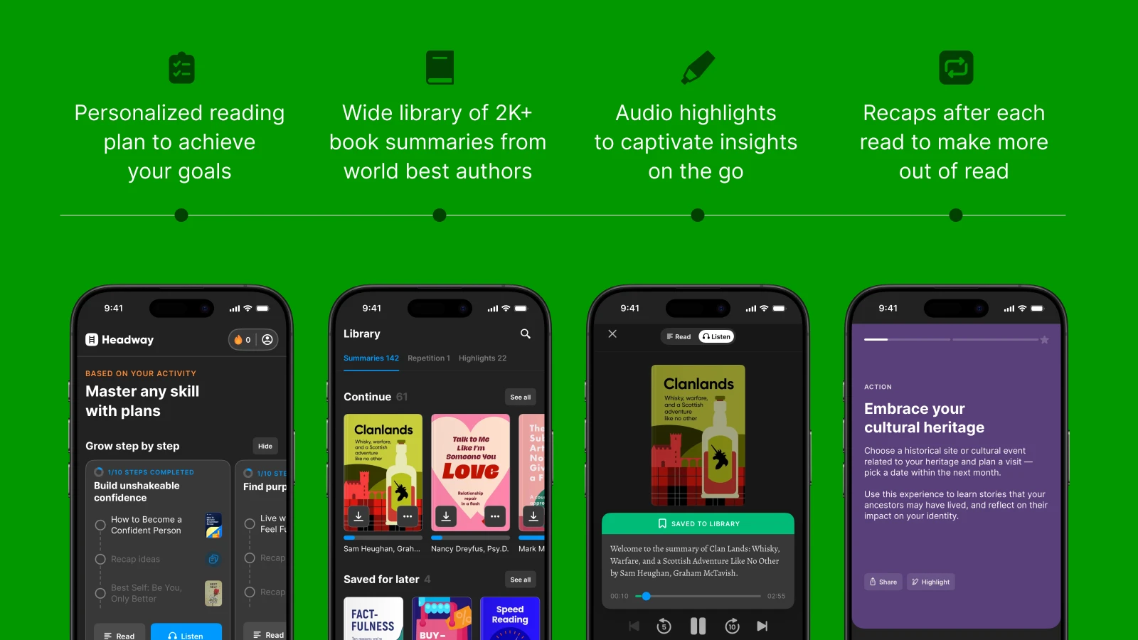 Headway app screens displaying personalized reading plans and book summaries on vibrant green background for language learning 1x