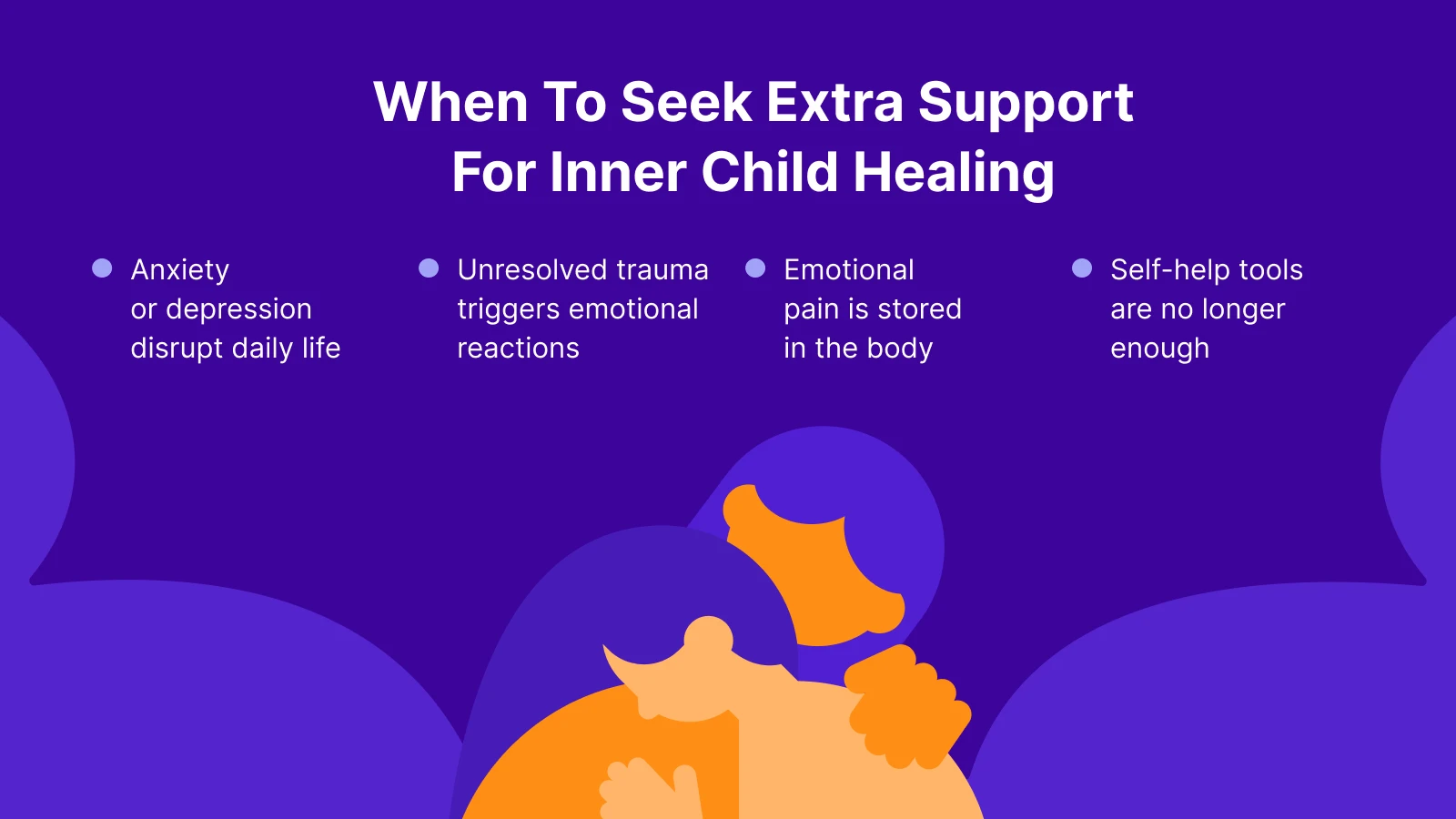 Silhouette of adult self embracing younger self in purple tones illustrating when to seek support for inner child work and healing