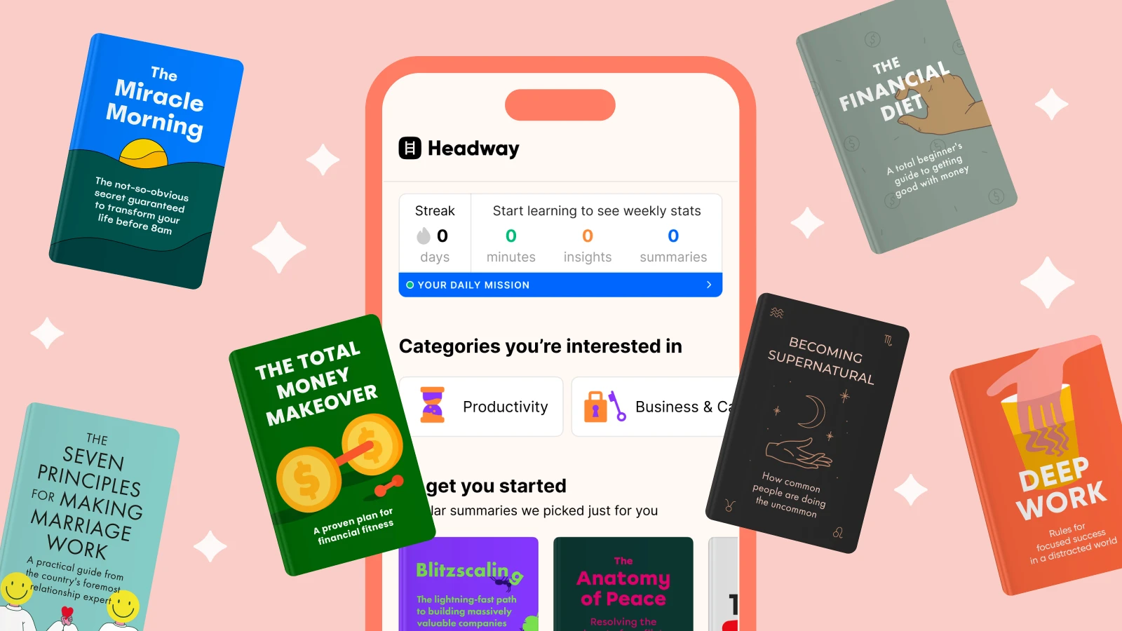 Collection of self-improvement book covers and Broadway app interface scattered on pink background with sparkle effects