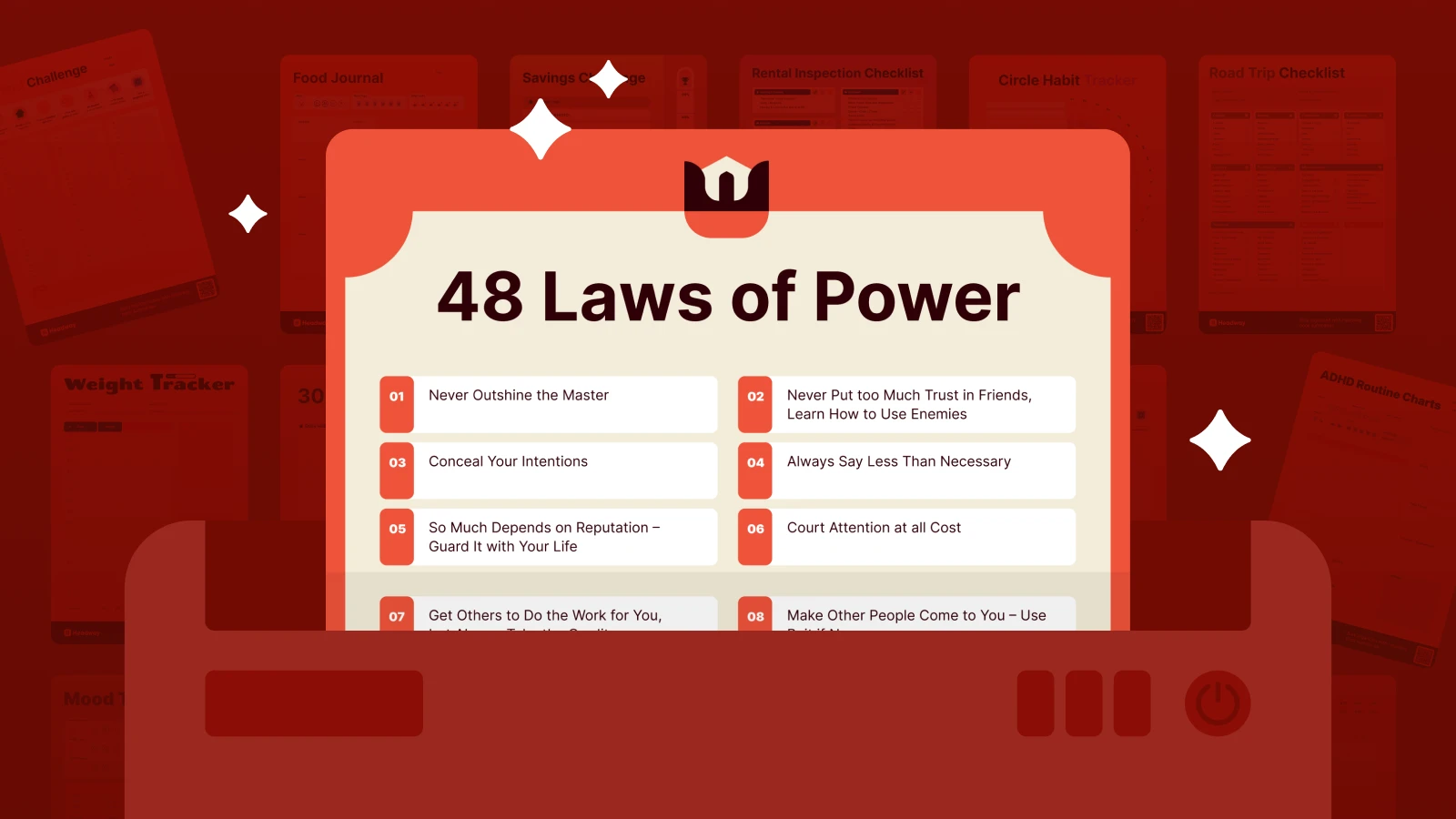 A full list in order of 48 laws of power by robert green in the folder with papers on the background