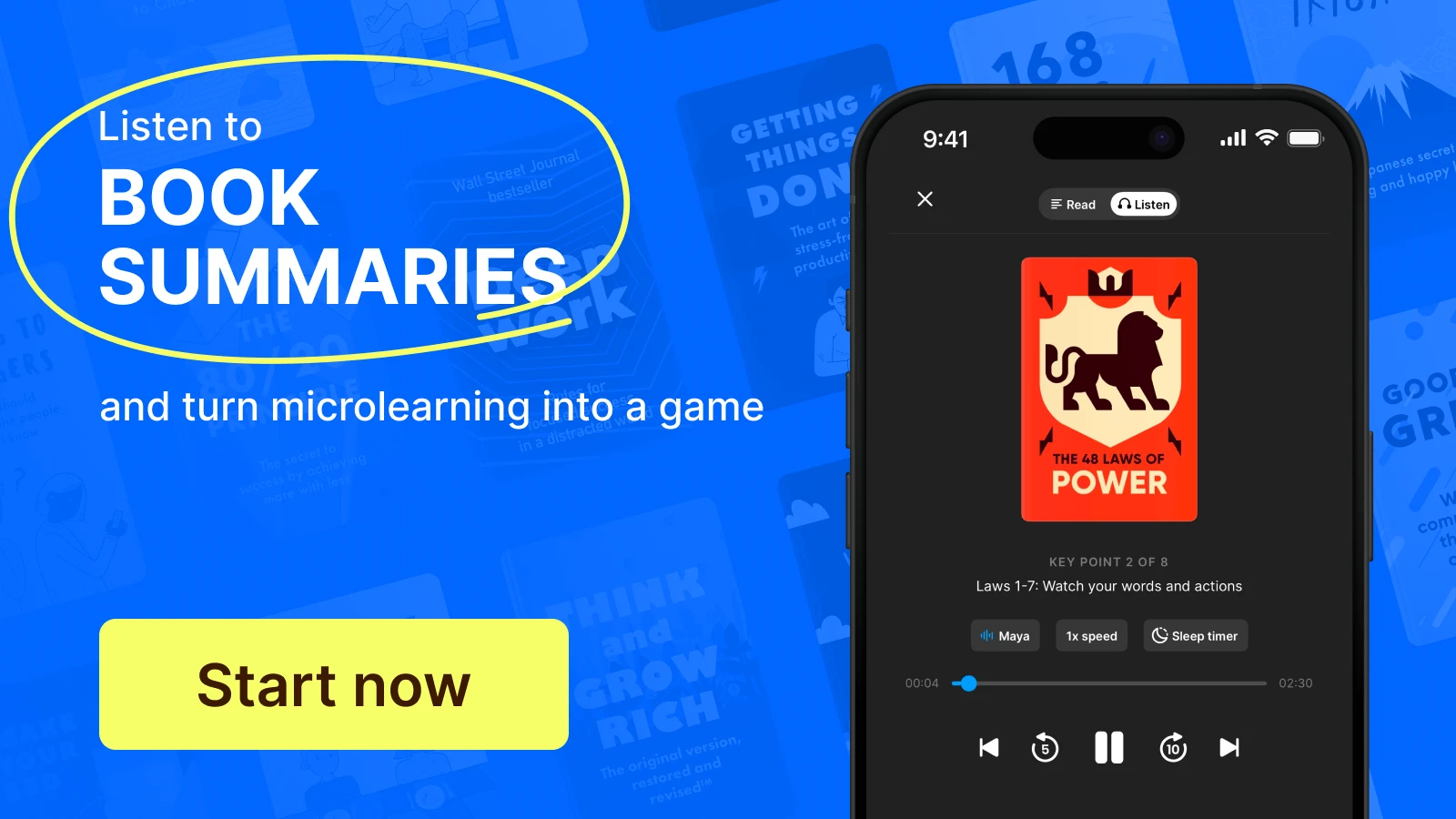 Headway app screen with 48 laws of power audio book summary