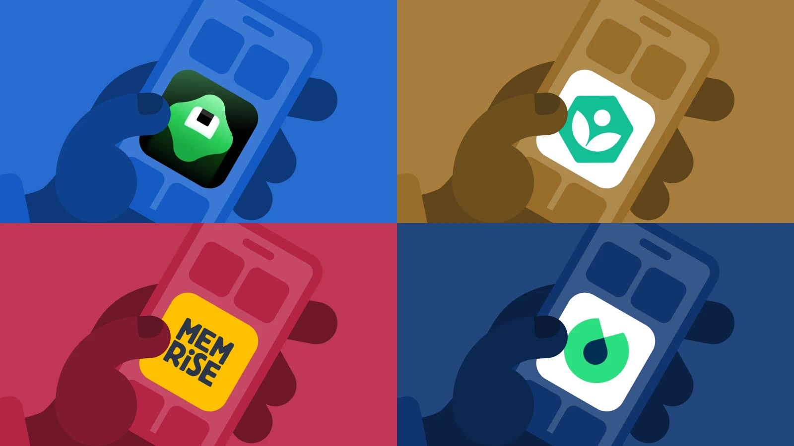 Four hands holding smartphones showing Memrise, Blinkist, Khan Academy and other microlearning apps for learners on blue, brown, and red backgrounds