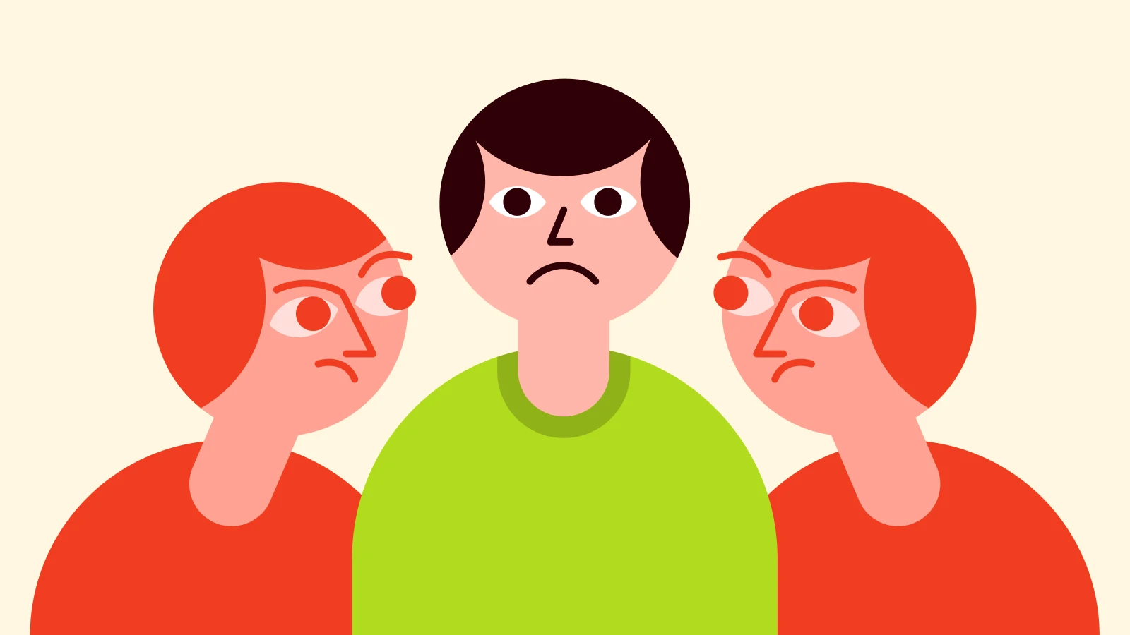 Tres personas ilustradas con expresiones serias sobre fondo amarillo claro representando las 48 leyes del poder enumeradas en orden