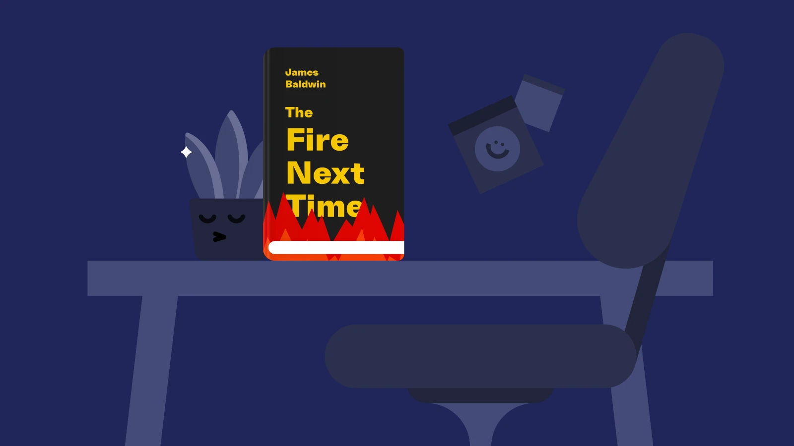 The Fire Next Time by James Baldwin book cover on illustrated desk with navy blue background, a celebrated short nonfiction must-read