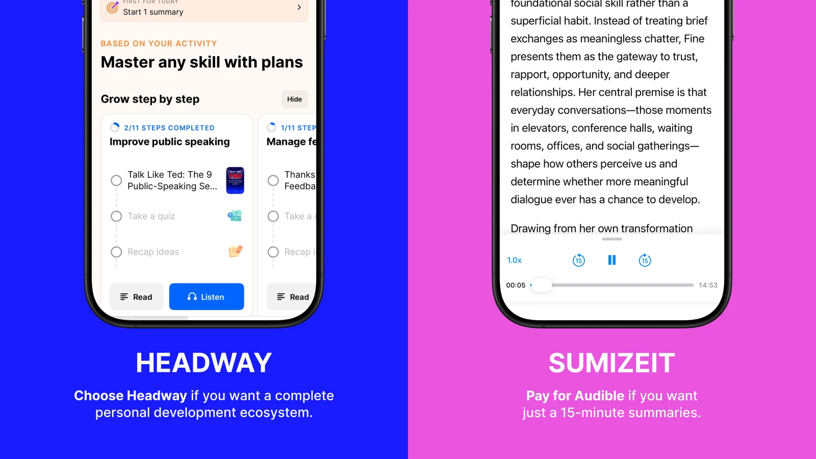 Split-screen comparison of Headway and Sumizeit apps on smartphones, with blue and purple backgrounds, showing book summary and audiobook interfaces side by side
