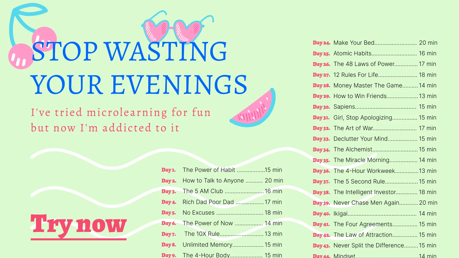 Light green image with cherry, glasses and watermelon along with book titles 1x