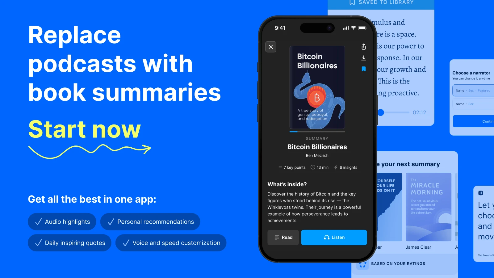 Headway app interface showing a book summary for Bitcoin Billionaires on a blue background