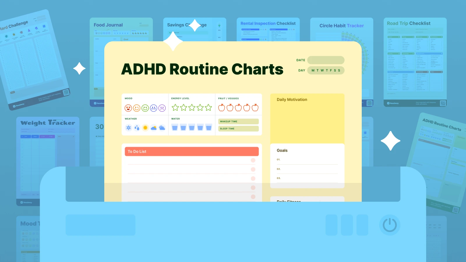 ADHD routine chart with mood, energy, and daily goals tracker displayed on a yellow card, set in a blue folder with background pages of planners and checklists, symbolizing balance promoted in the bes
