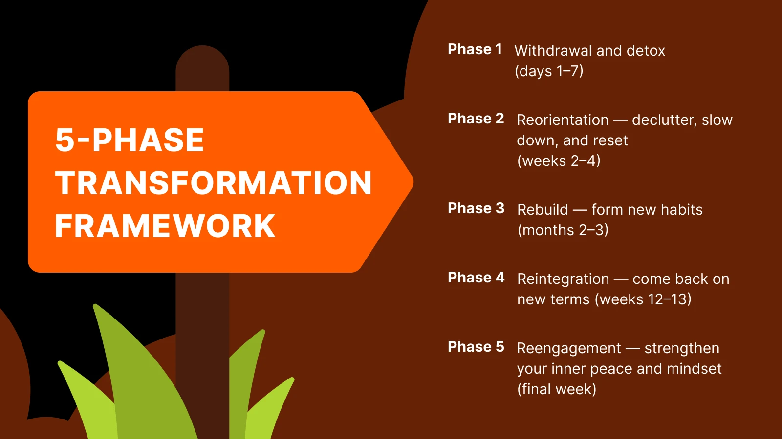 Five-phase transformation framework on orange banner with green plant against dark brown background showing mental health recovery stages from withdrawal to reengagement