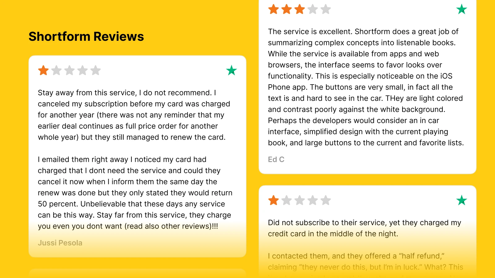 Shortform user reviews with star ratings and customer feedback on pricing and features displayed on yellow background 1x