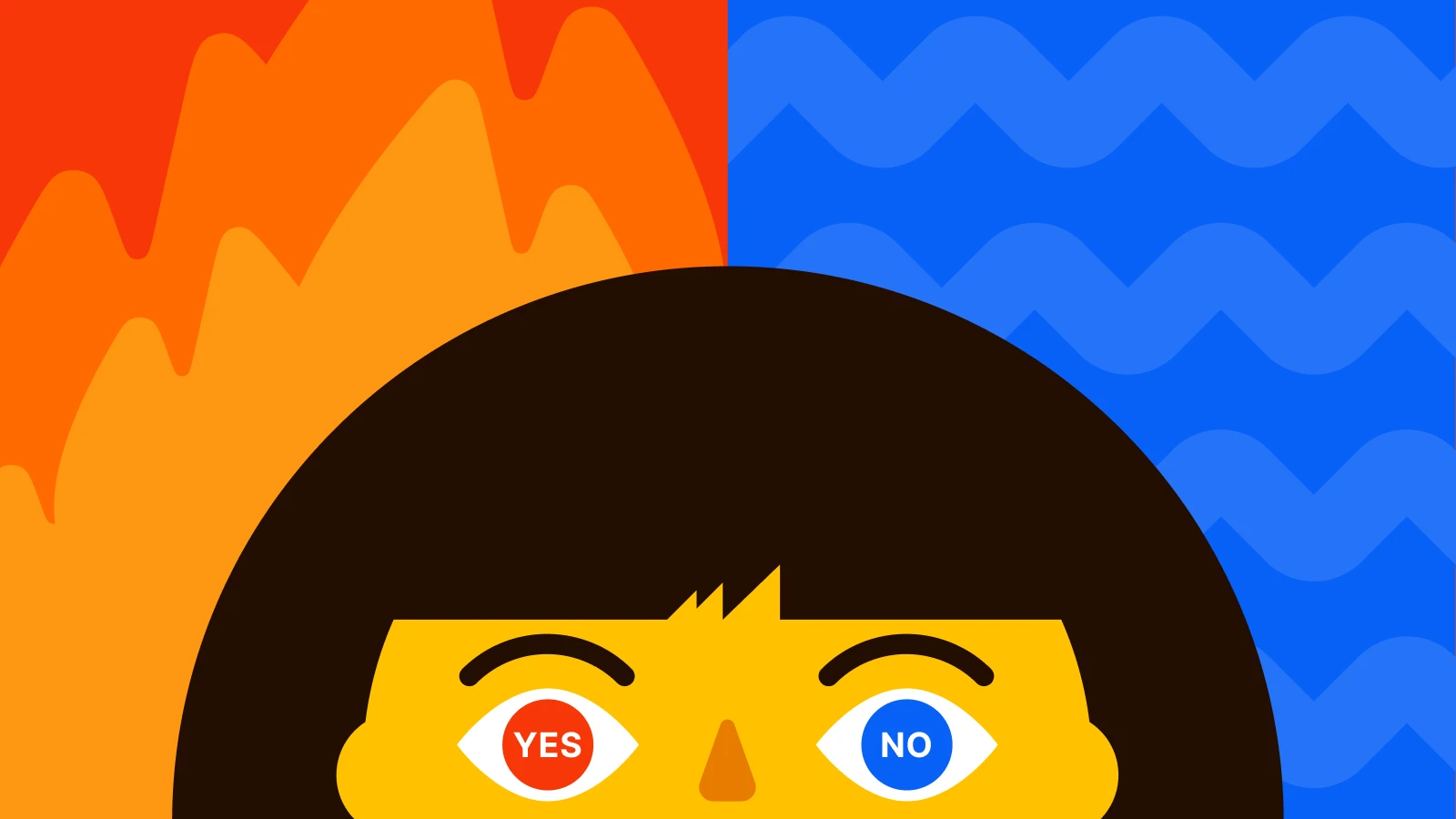 Overwhelmed person with conflicting yes and no signals against orange flames and blue waves representing burnout confusion 1x