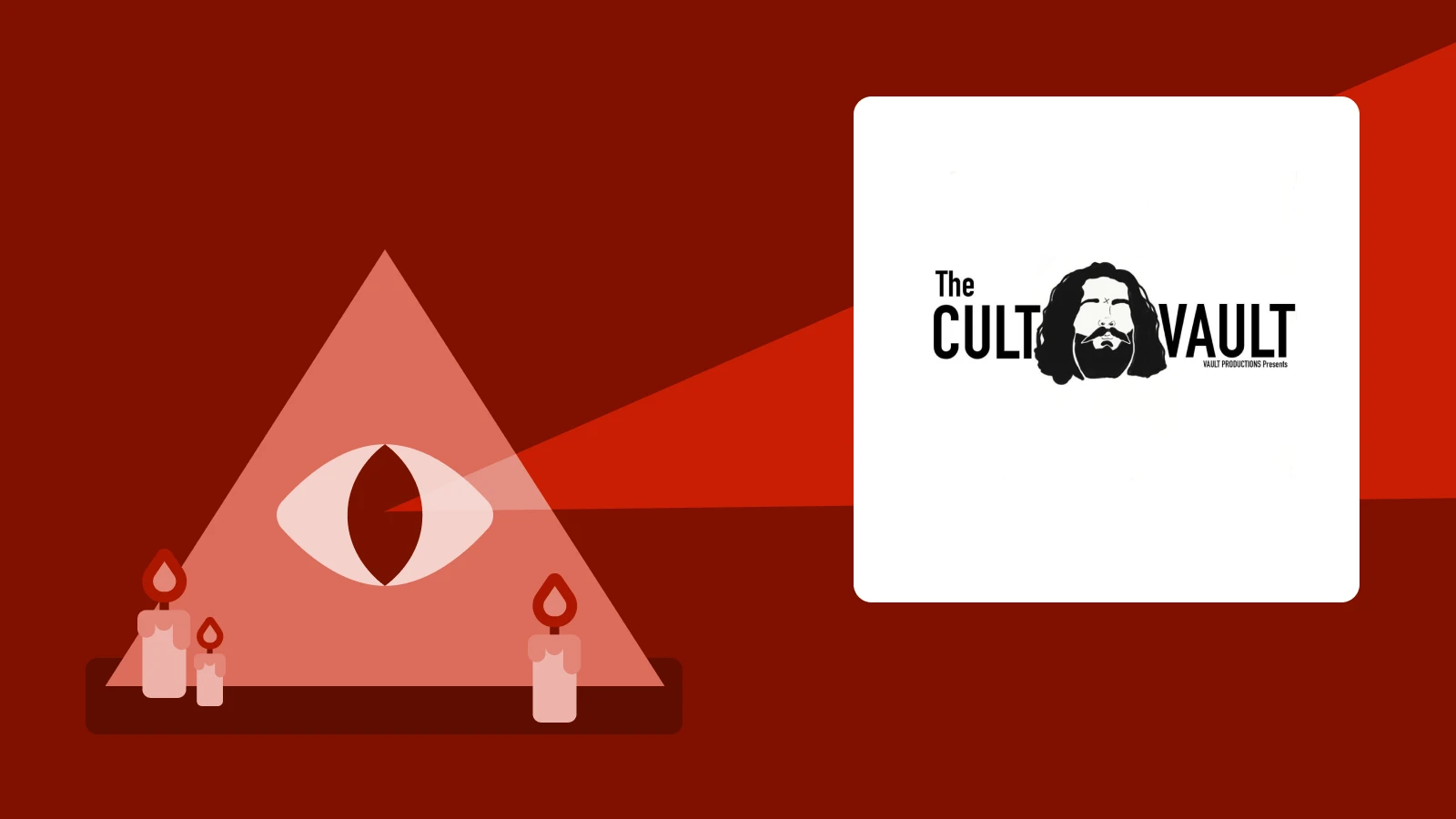 Red background with triangle eye symbol and The Cult Vault podcast cover, one of the best cult podcasts investigating groups