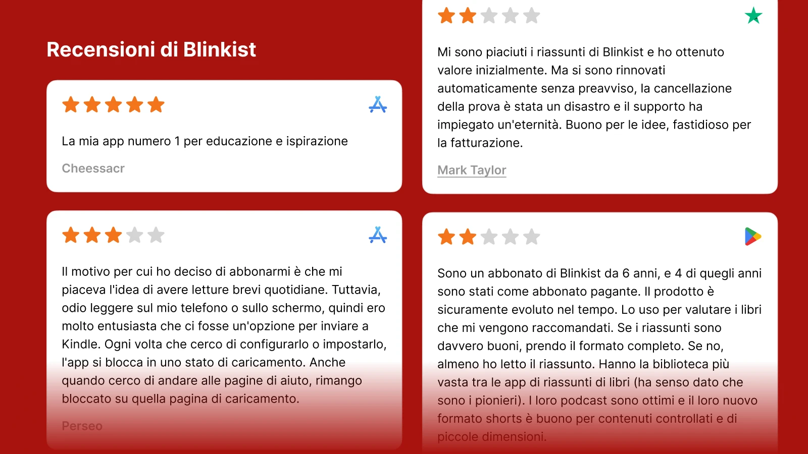 Blinkist review section displaying customer testimonials with star ratings on red background