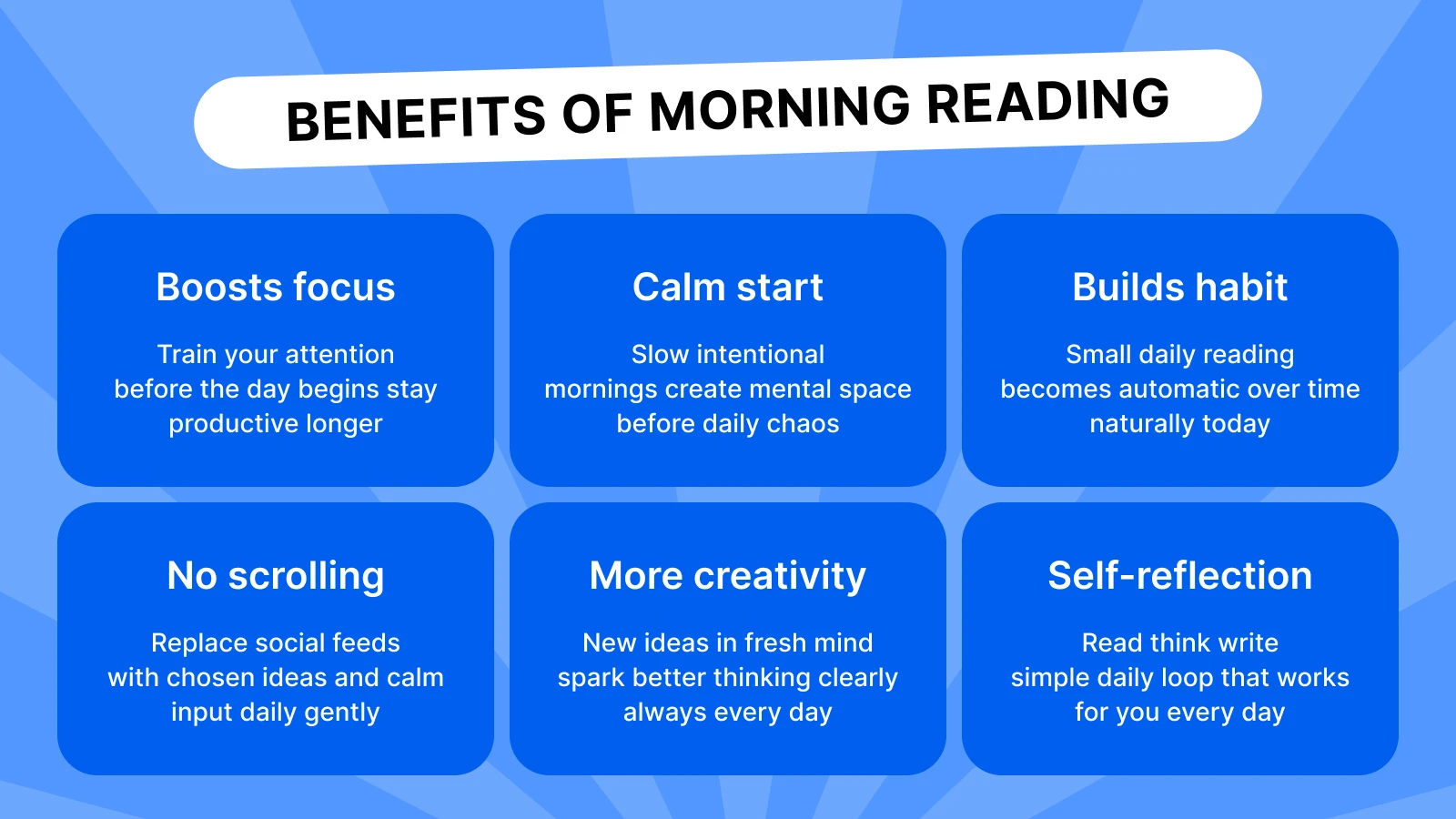 Blue infographic showing six benefits of morning reading habit including focus, calm start, creativity, and self-reflection on rounded cards