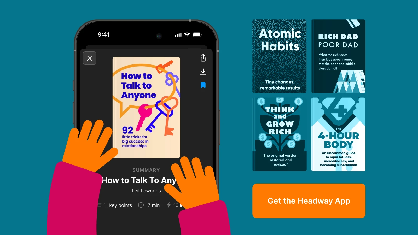 Two hands hold a phone displaying book summaries, alongside covers of popular titles for an adventure podcasts feature