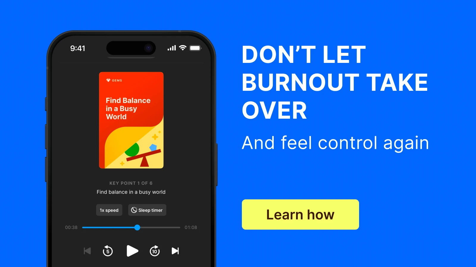 IPhone mockup with a screenshot of Find balance in a busy world book summary on the Headway app