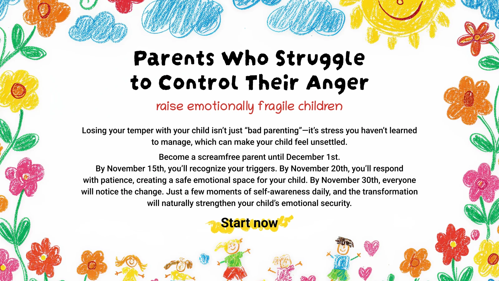 Parental anger management program with hand-drawn flowers, children illustrations, and emotional fragility message on white background