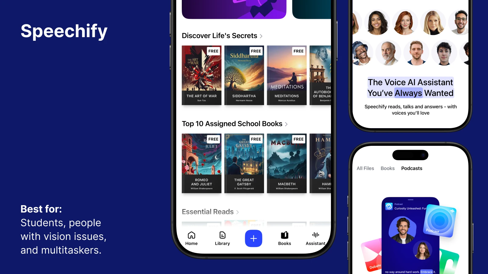 Speechify app interface displayed on smartphones with audiobook library and AI voice assistant screens, illustrating features in a detailed app review for self-growth