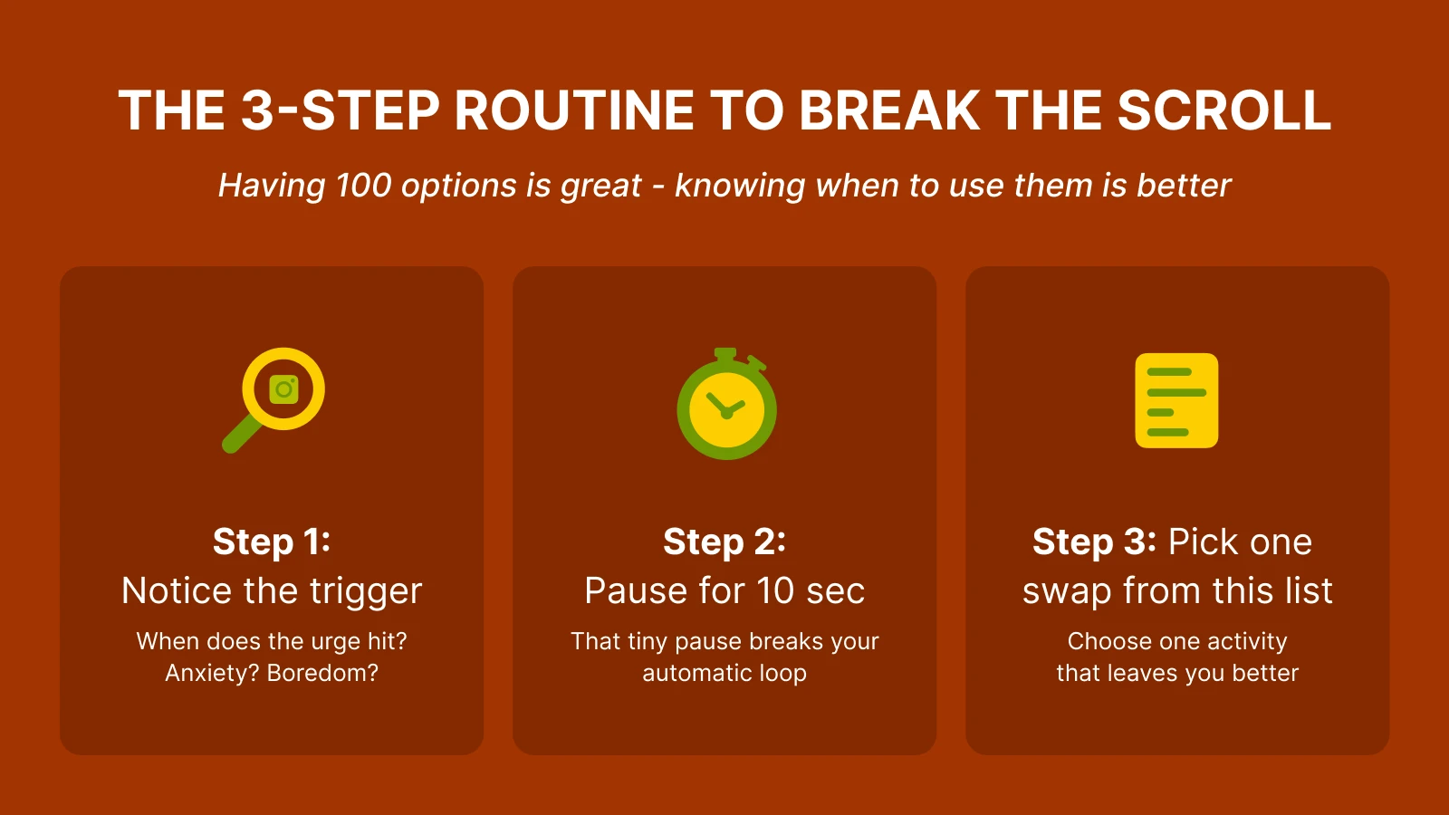 Three-step routine with magnifying glass, timer, and notepad icons to overcome scroll habit on rust orange background