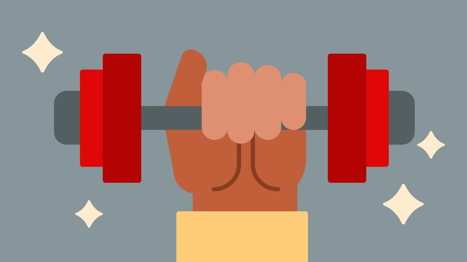 A hand with a dumbell in it with stars around representing the man who wants to disappear