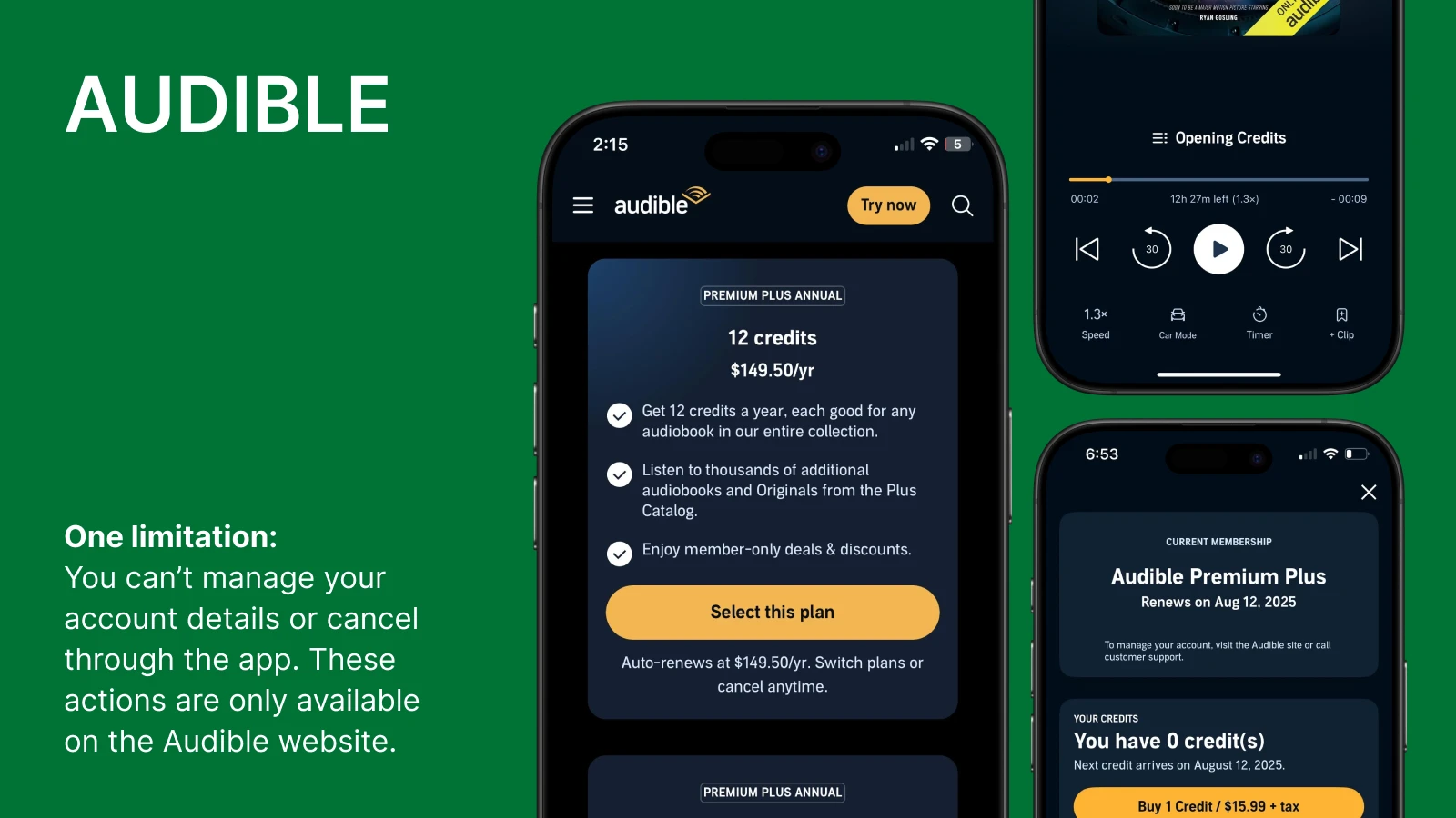 Audible membership screens displaying credit purchase plans and account limitation notice on green background