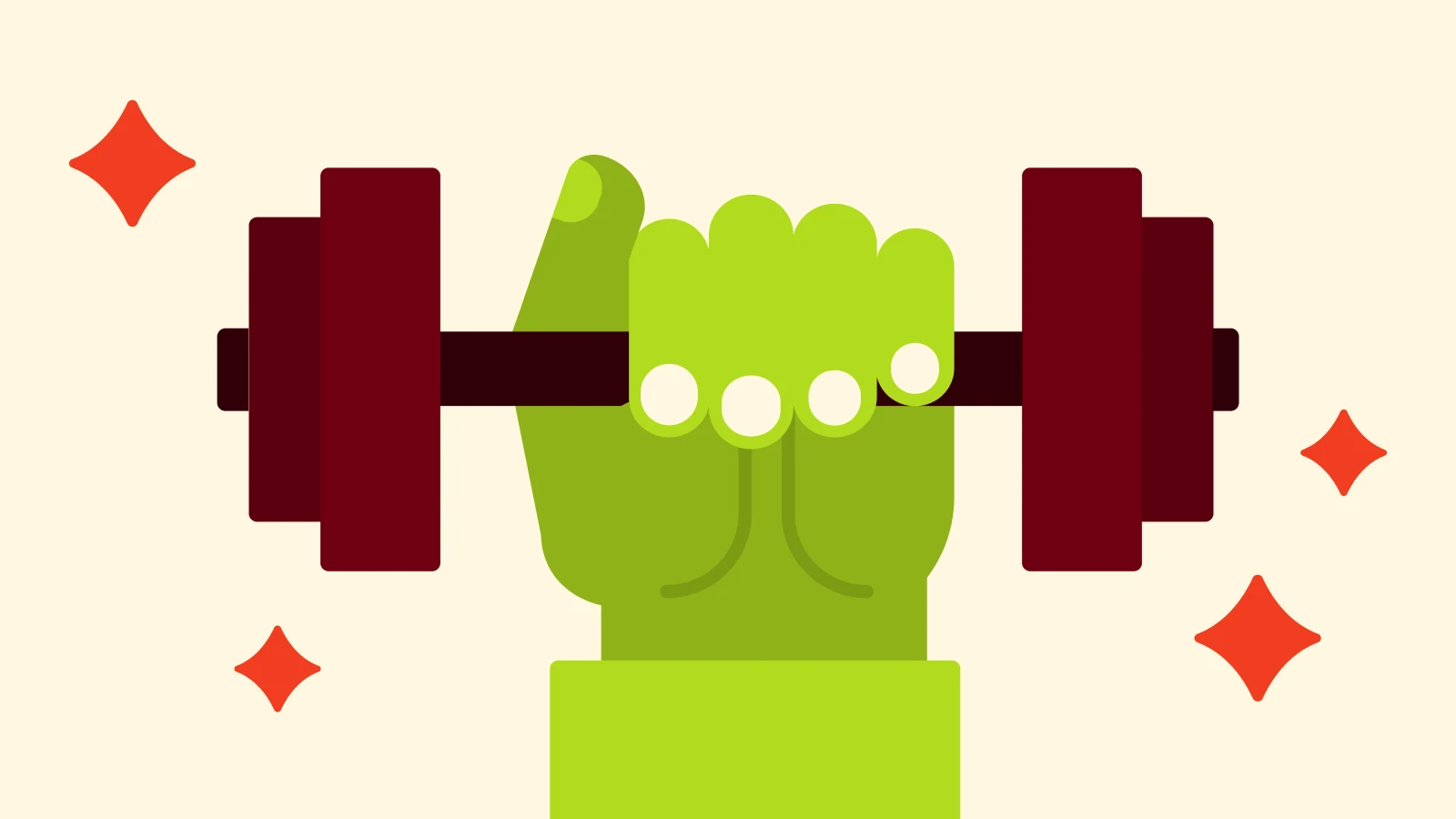 Manos verdes sujetando pesa con discos rojos y diamantes decorativos representando dominancia en las 48 leyes del poder