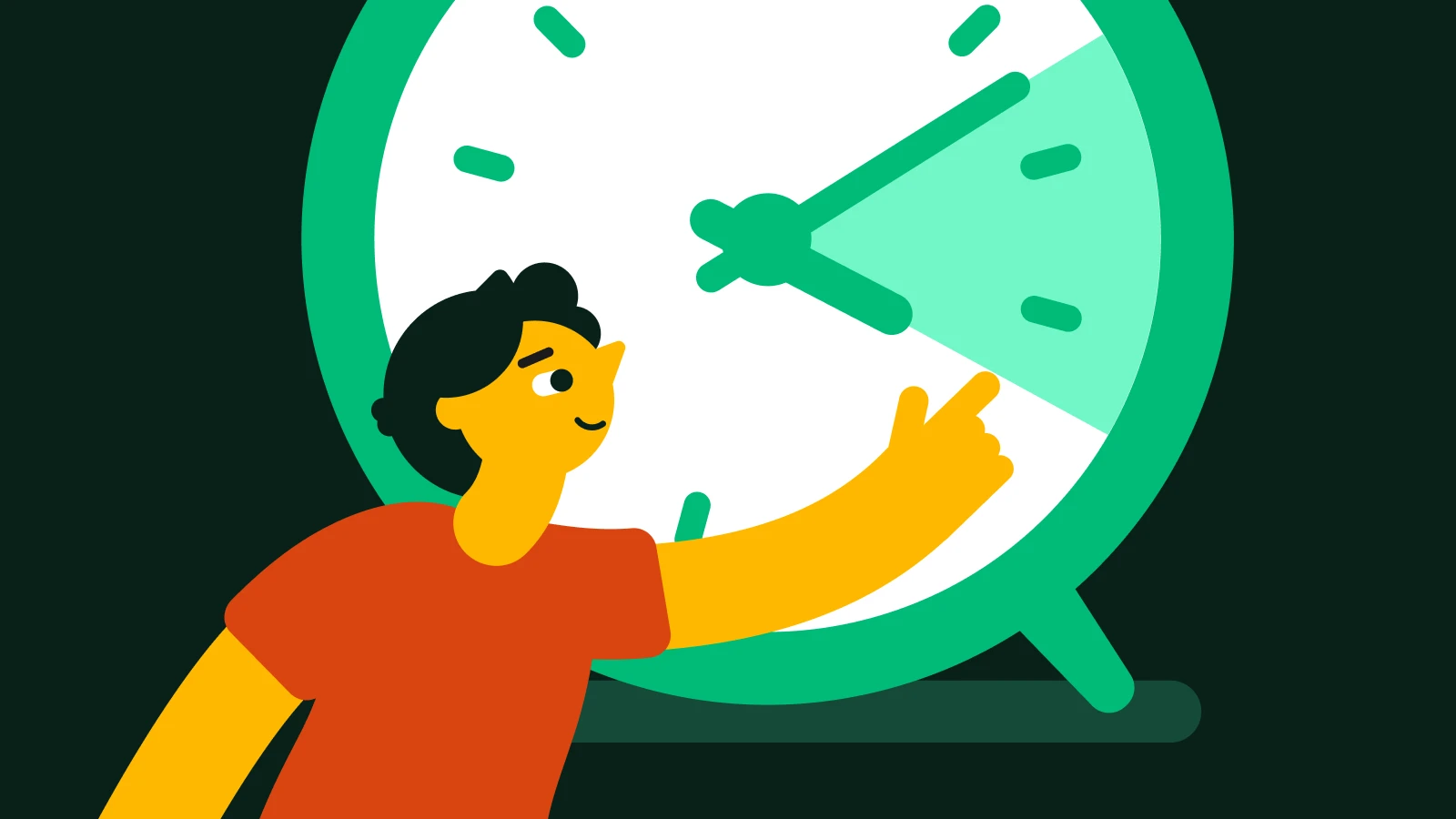 A clock with a person reaching to adjust the time, representing the efficiency of learning with microlearning