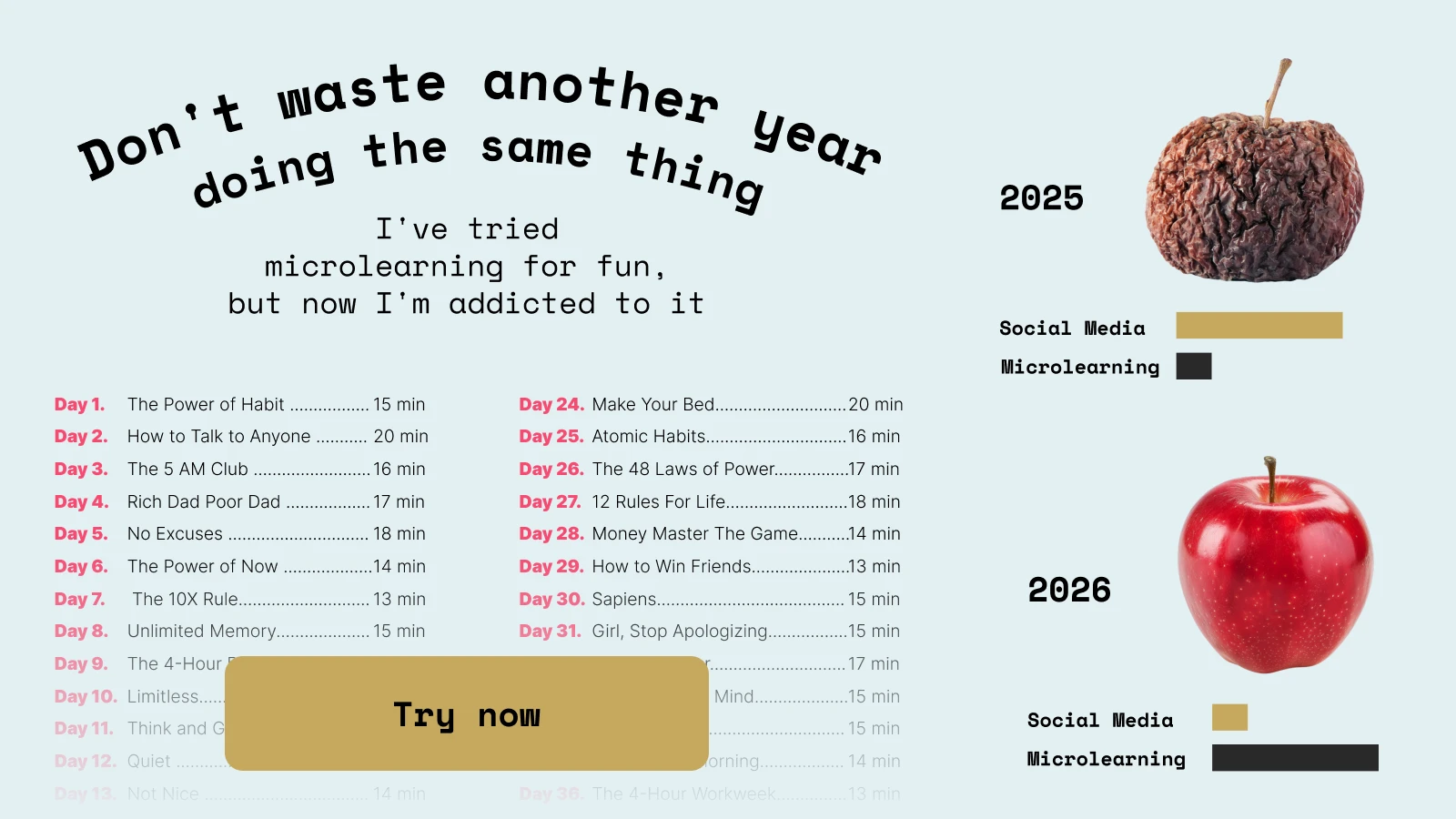 Bad and good apples along with a booklist representing not wasting another year doing the same thing