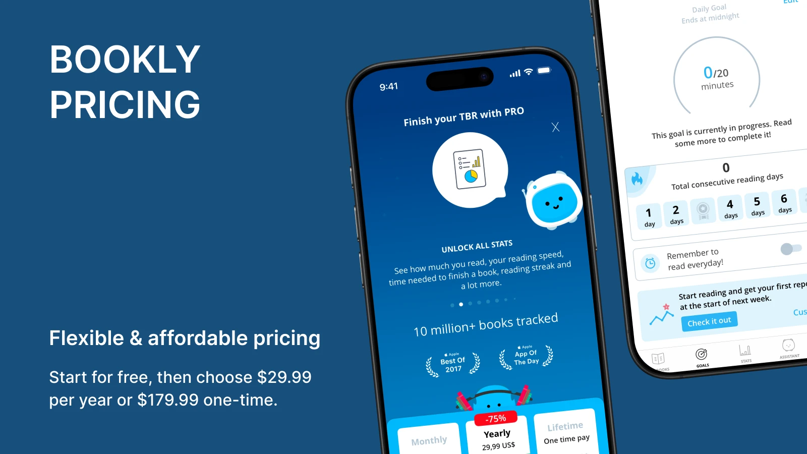 Bookly pricing plans screenshot showing a smartphone with one-time payment and annual membership options on a dark blue background