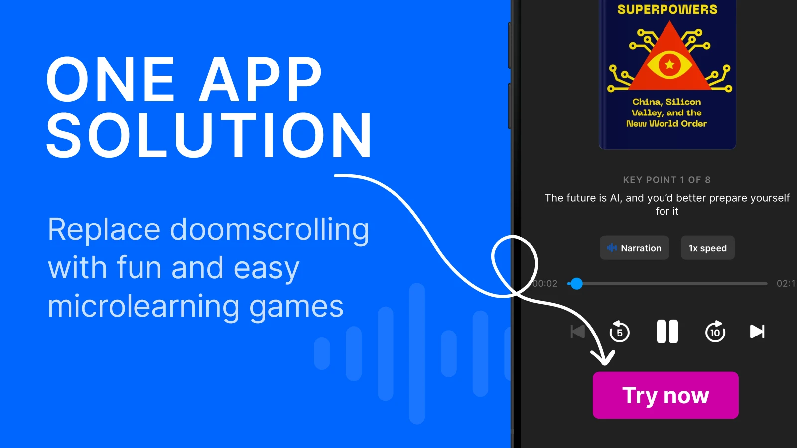 Iphone mockup with AI superpowers book summary and long curvy arrow to the button Try now