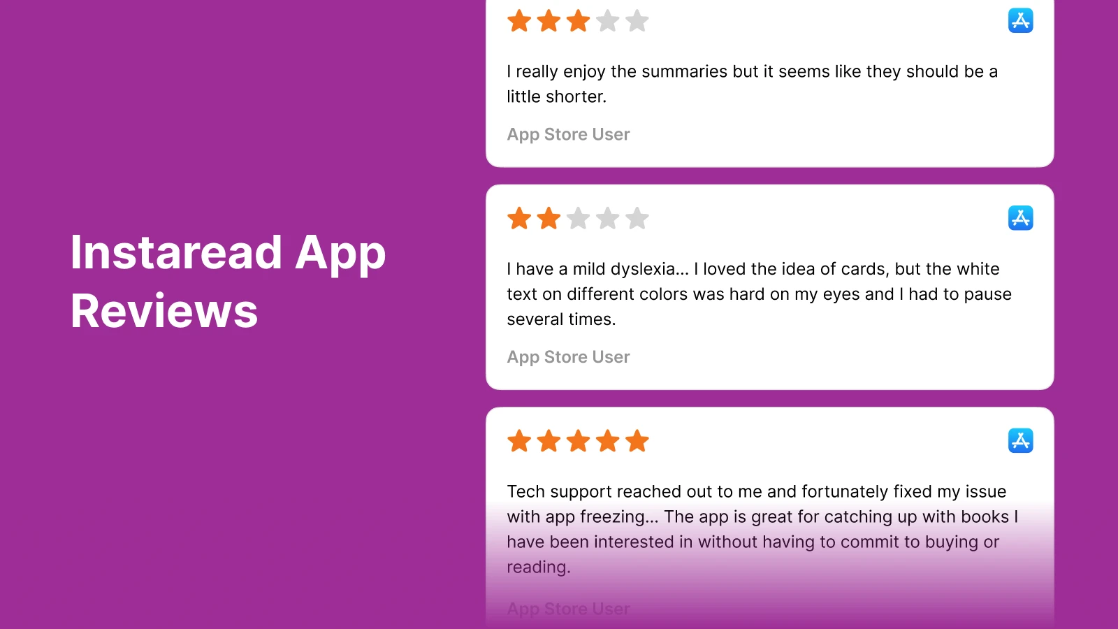 Instaread app reviews section on purple background showing user ratings and feedback cards from App Store users about this self growth app