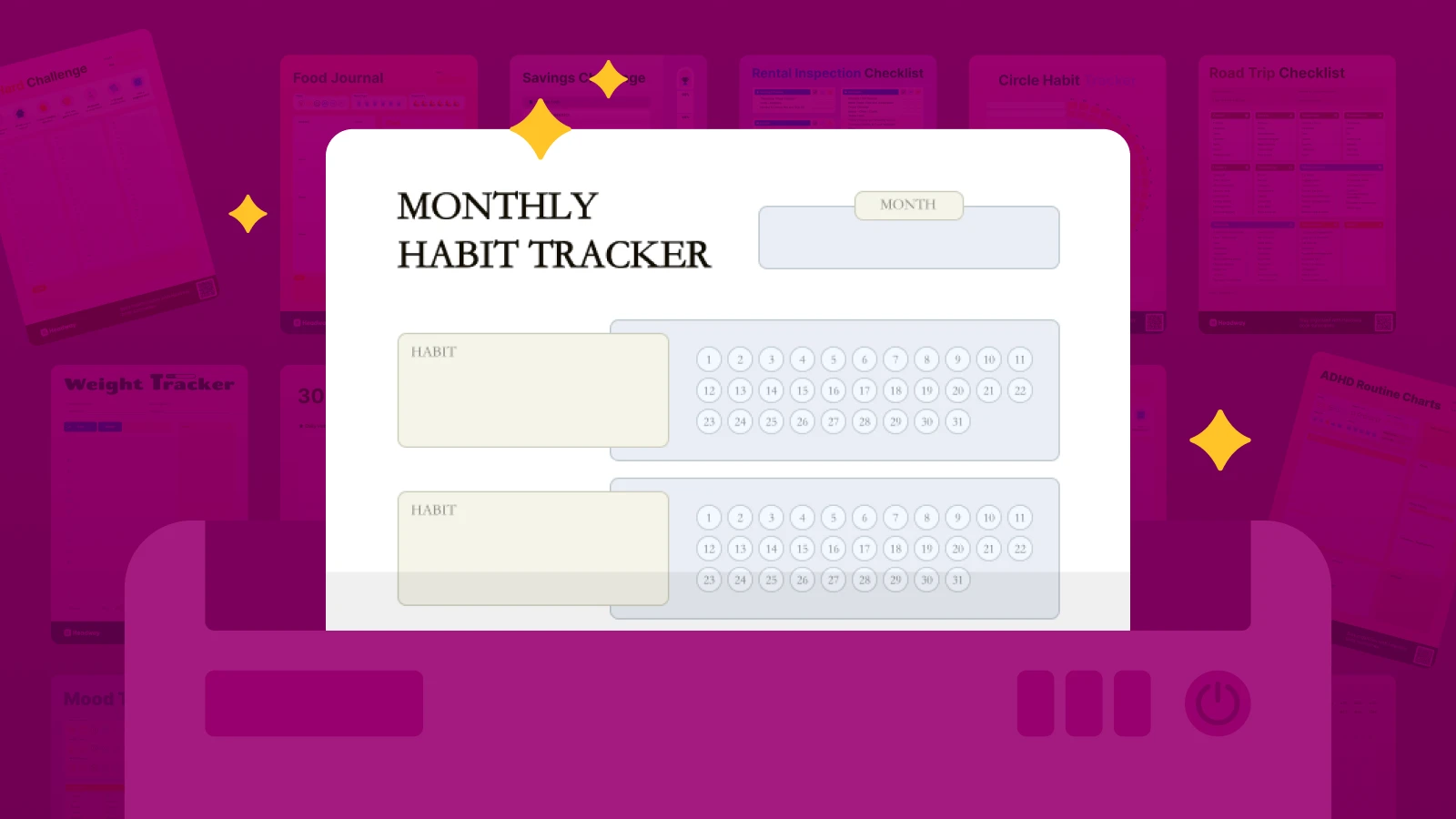30 day habit tracker printable template in the folder with papers on the background