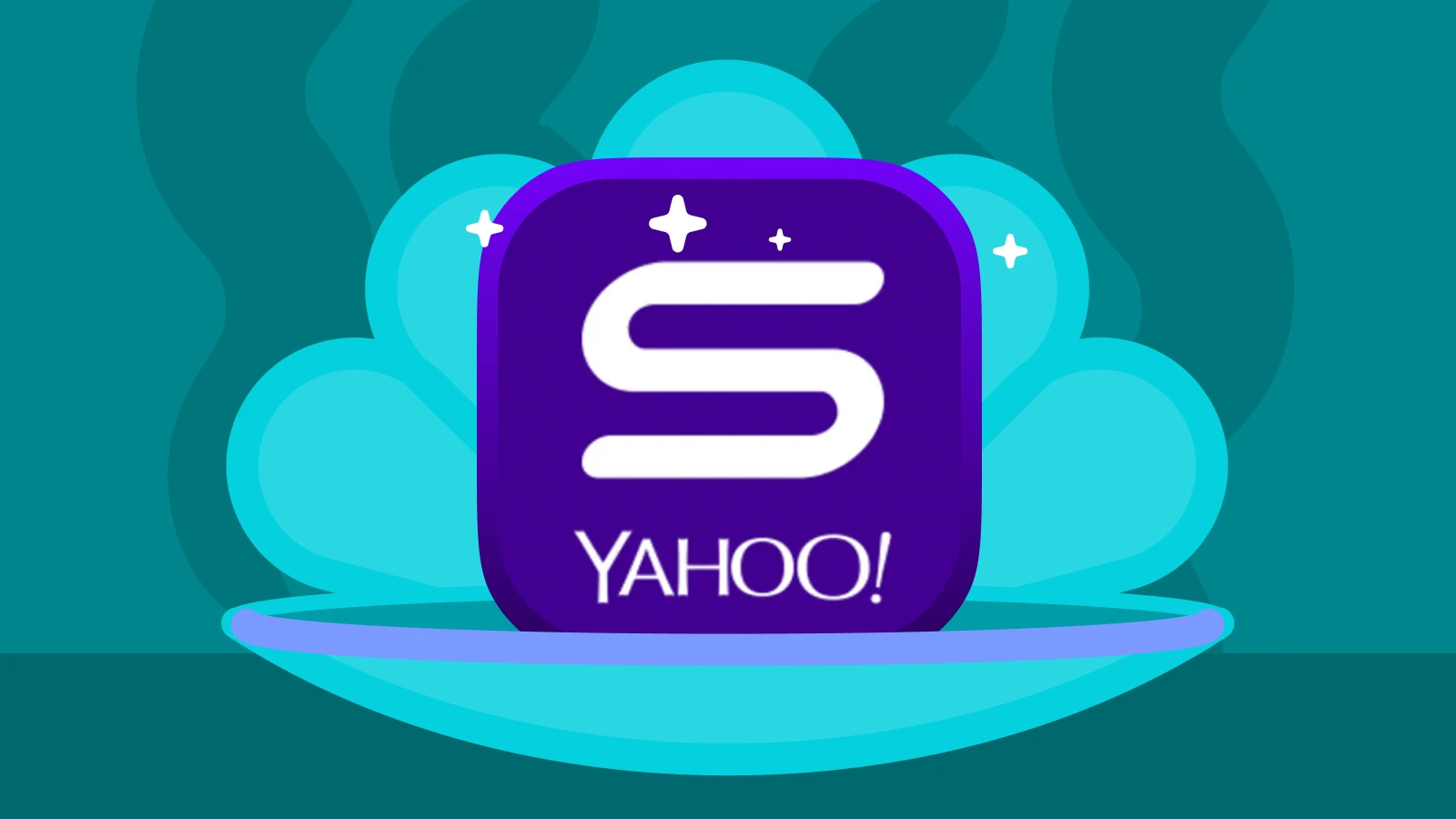 Yahoo app icon with S symbol, highlighting top Android news and email apps with shellfish at the background